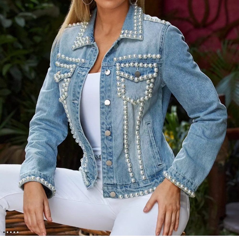 Boston Proper Blue Embellished Jean Jacket